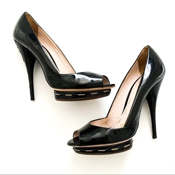 Miu Miu Patent Leather Peep-toe Black Heels 38 - Picture 10 of 14